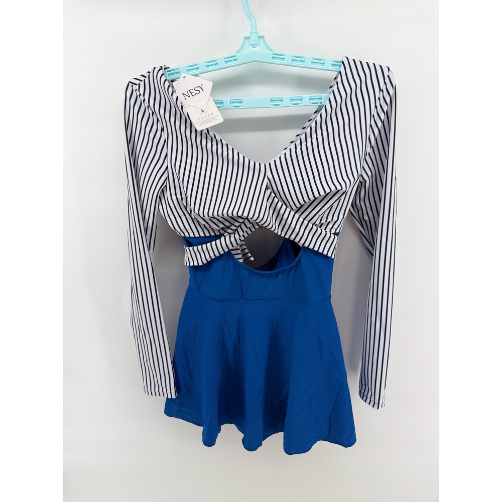 NESY Women Blue White Striped Long Sleeve Swim Dress One Piece Swimsuit Size S